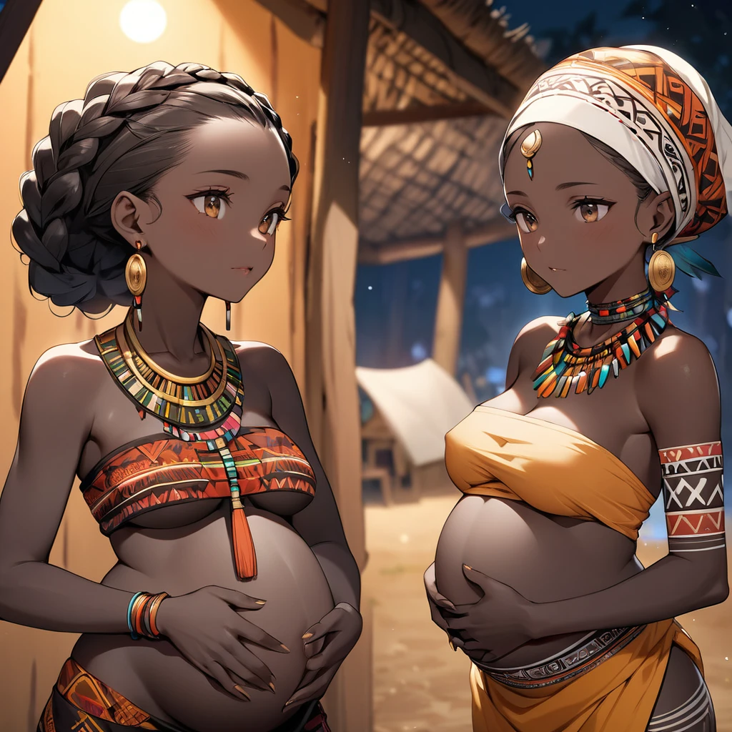 ((Highest quality)), ((masterpiece)), (detailed), (Perfect Face)、The woman has bright black skin、(Ghana braids with strong curly hair slicked back)、Black, dark skinned, African native tribal woman、The amount of hair is small、Light brown hair、Very short curly hair、Ghana braid hair, finely and delicately braided into Ghana braids and slicked back、Her hair is braided and thin, and she wears a tribal headdress and a tribal headscarf.、African black woman beautifully dressed in tribal clothing, tribal earrings and tribal accessories, wearing tribal makeup、A beautiful tribal woman with tattoos all over her body、Women in tribal village night rituals、the woman is pregnant、The woman's hair is dyed black by the other women in the village and styled like an African woman's.
