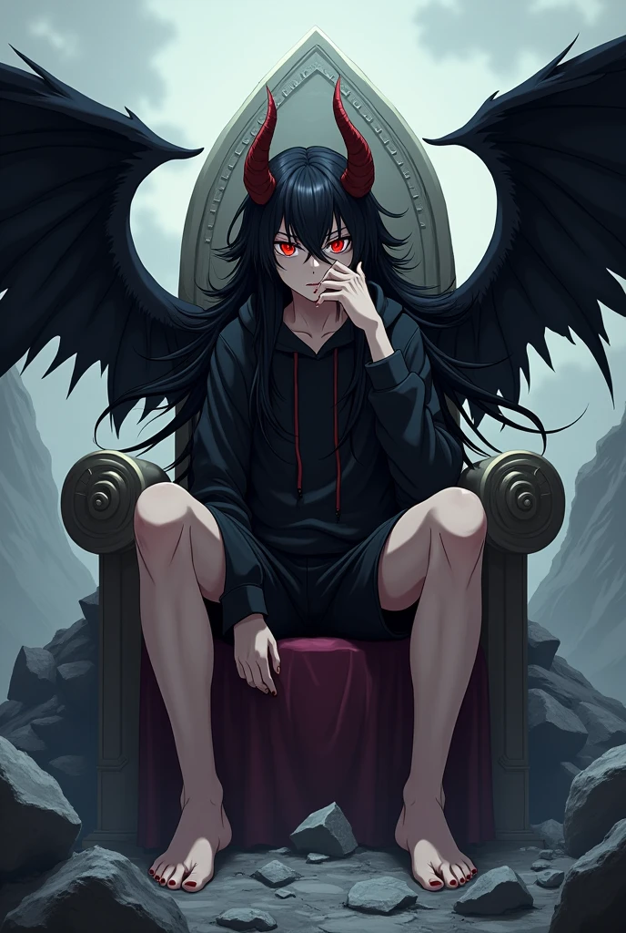 Black hoodie、Shorts、Sitting on a throne, sighing、Long Black Hair、Red eyes、Devilish horns sprouting from his forehead、Anime Style、15 years old、Too much exposure、Angle seen from an angle、Black crow-like wings growing from his back、A mountain of rubble in the background