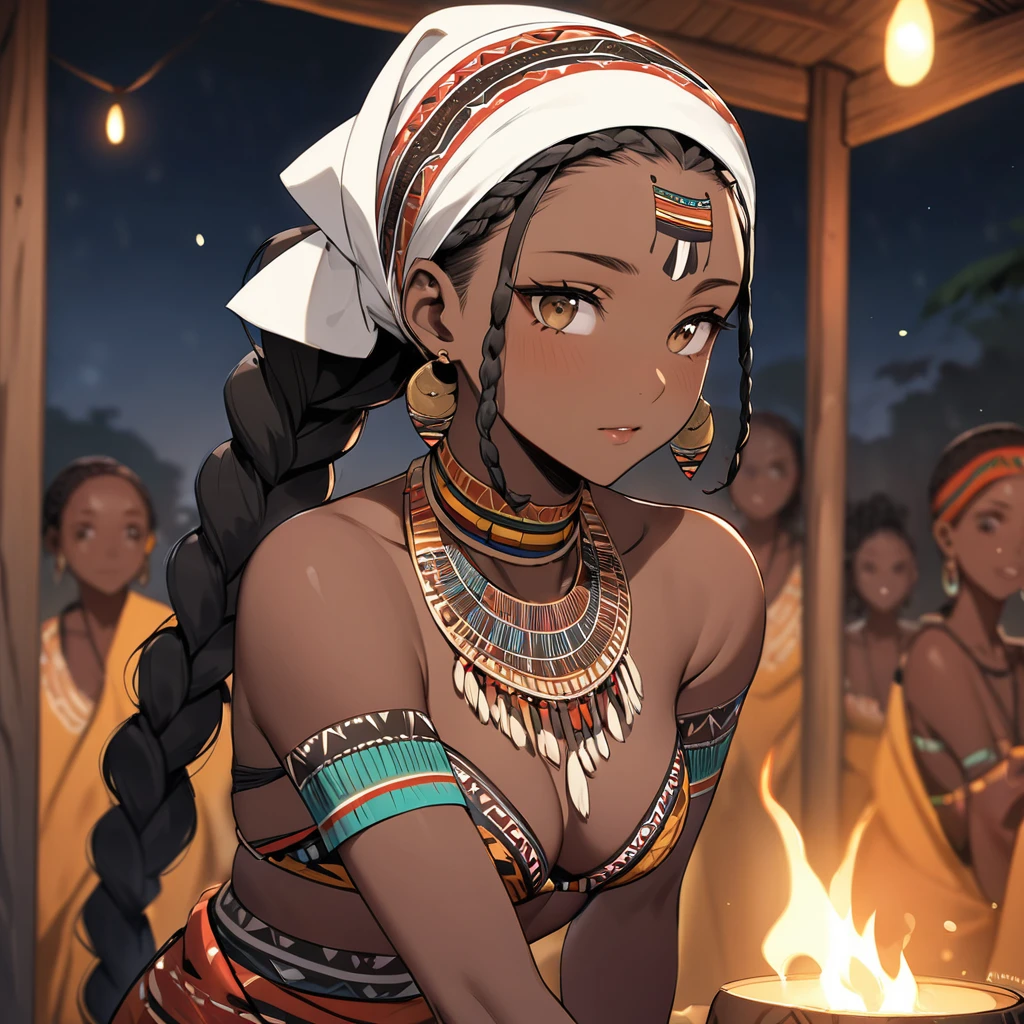 ((Highest quality)), ((masterpiece)), (detailed), （Perfect Face）、The woman has bright black skin、（Ghana braids with strong curly hair slicked back）、Black, dark skinned, African native tribal woman、The amount of hair is small、Light brown hair、Very short curly hair、Ghana braid hair, finely and delicately braided into Ghana braids and slicked back、Her hair is braided and thin, and she wears a tribal headdress and a tribal headscarf.、African black woman beautifully dressed in tribal clothing, tribal earrings and tribal accessories, wearing tribal makeup、A beautiful tribal woman with tattoos all over her body、Women in tribal village night rituals、The woman&#39;s hair is dyed black by the other women in the village and styled like an African woman&#39;s.、The woman is embracing and kissing a man from the tribe.