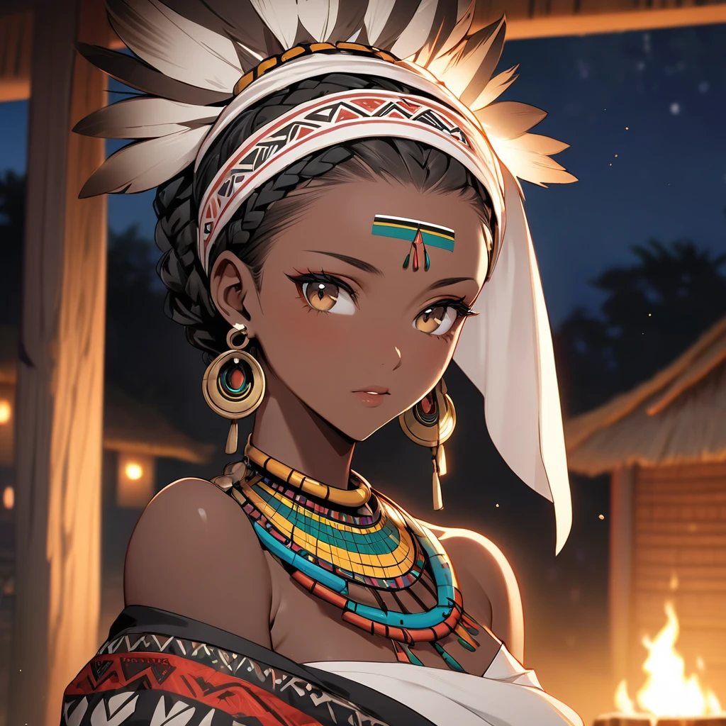((Highest quality)), ((masterpiece)), (detailed), (Perfect Face)、The woman has bright black skin、(Ghana braids with strong curly hair slicked back)、Black, dark skinned, African native tribal woman、The amount of hair is small、Light brown hair、Very short curly hair、Ghana braid hair, finely and delicately braided into Ghana braids and slicked back、Her hair is braided and thin, and she wears a tribal headdress and a tribal headscarf.、African black woman beautifully dressed in tribal clothing, tribal earrings and tribal accessories, wearing tribal makeup、A beautiful tribal woman with tattoos all over her body、Women in tribal village night rituals、The woman's hair is dyed black by the other women in the village and styled like an African woman's.、The woman is embracing and kissing a man from the tribe.