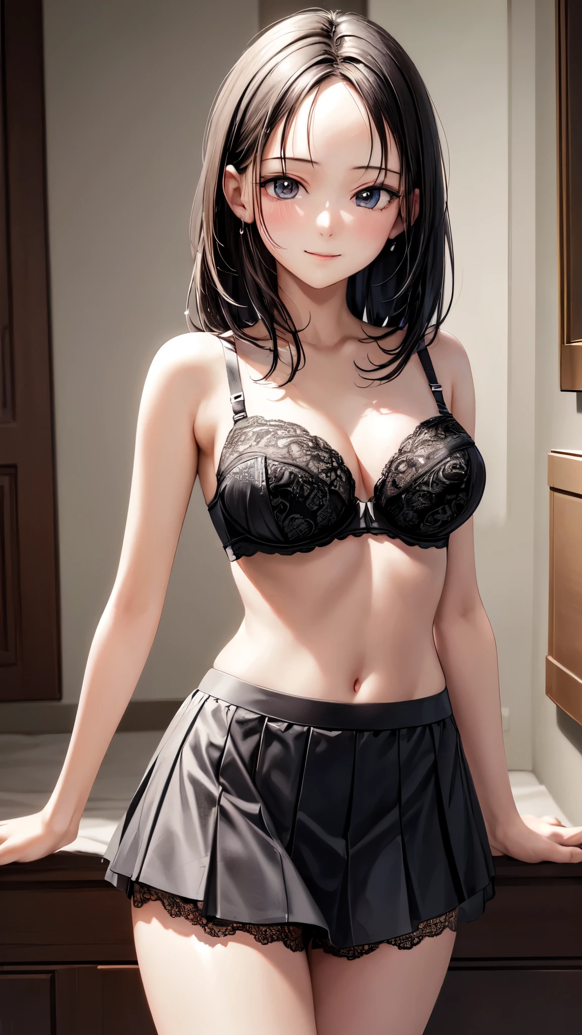 ((masterpiece,best quality,ultra detailed,high resolution)),((solo)),(daytime,bloom,cowboy shot),(beautiful girl),looking viewer,light-smile,(black hair,straight hair,medium hair,forehead),(beautiful detailed face,beautiful detailed eyes),(finely detailed skin),(skinny,medium breast,medium hip),((bra,mini-skirt)),((panty line,pantyline)),on the simple room,