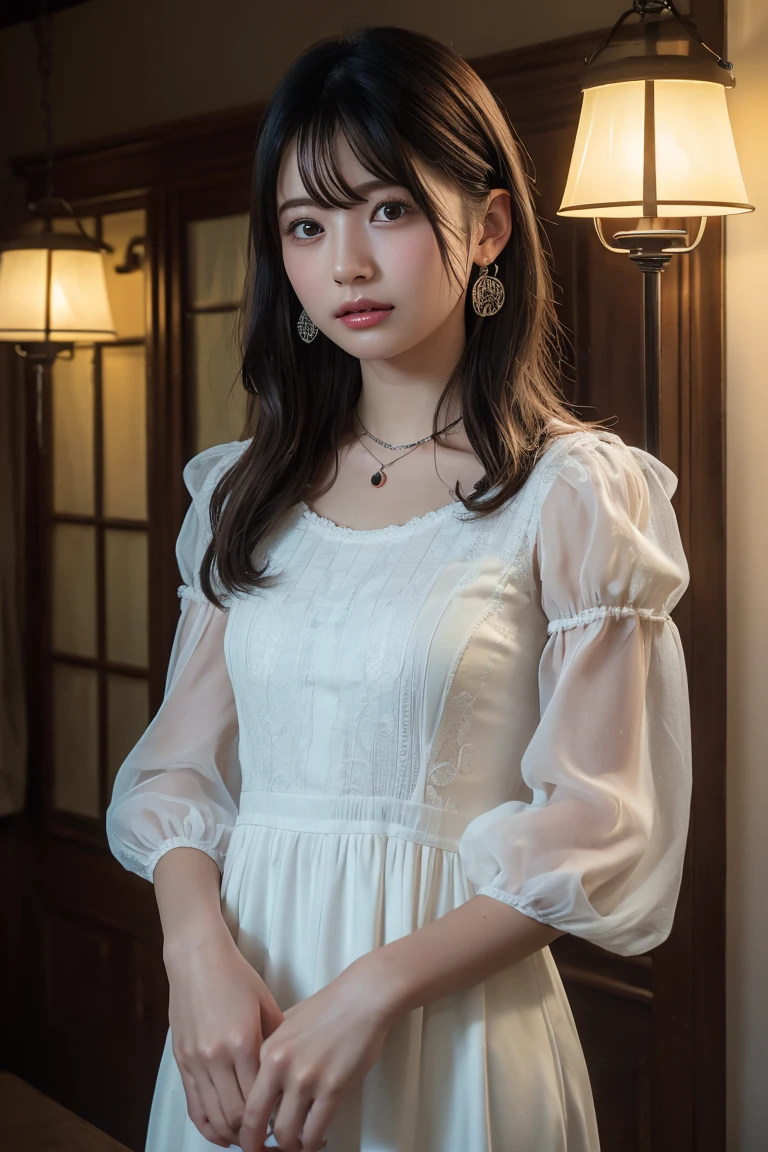(Highest quality:1.4)，(masterpiece:1.4)，(Realistic:1.4)，(Realistic:1.2)，(超High resolution， RAW Photos:1.4)，(High resolution， Ultra-detailed:1.2)，(8k:1.2)，View your viewers，Cinematic photography，One girl，skeletally correct，Black-haired woman，Woman in her early 20s，(Small earrings，necklace，Half-sleeve with frilled sleeves，Long dress)，（Western-style building interior，Dimly lit room，The lamplight shines on my cheeks）