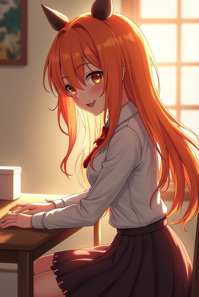 (masterpiece:1.4), (best quality:1.4), fantasy, extremely detailed, complex, hyper detailed, illustration,Soft lighting, 1 Girl, Orange Hair_flower, skirt, bending_Exceed , Grin, (perfect_Face), sit, table, Gorgeous, complex, Dramatic Lighting, 4K, detailed_background, Caustics, full_Body, digital_illustration, from_side