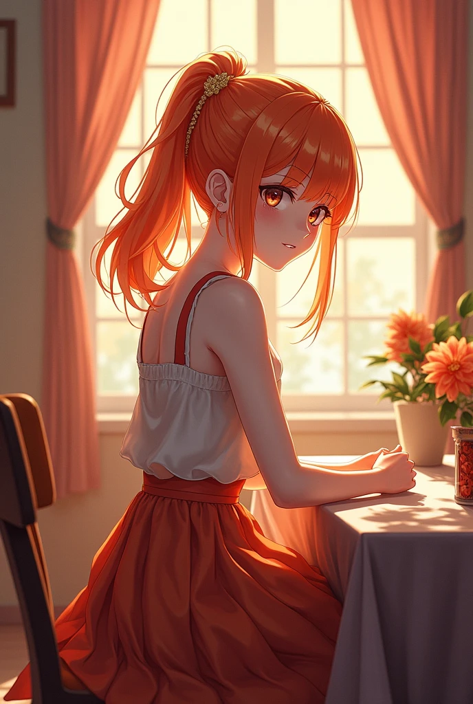 (masterpiece:1.4), (best quality:1.4), fantasy, extremely detailed, complex, hyper detailed, illustration,Soft lighting, 1 Girl, Orange Hair_flower, skirt, bending_Exceed , Grin, (perfect_Face), sit, table, Gorgeous, complex, Dramatic Lighting, 4K, detailed_background, Caustics, full_Body, digital_illustration, from_side 
