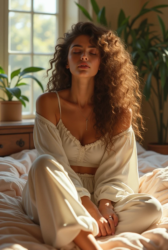 (photorealism:1.2), beautiful woman, sitting on bed, wearing loose off-shoulder top, pajama pants, long curly hair, indoors, soft lighting, plants in background, window with sunlight, cozy room, relaxed pose, realistic, intricate details, warm colors, by Greg Rutkowski, by Alphonse Mucha