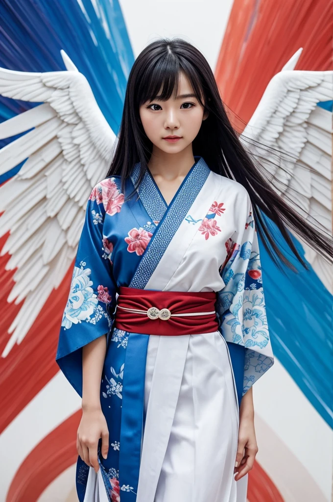 When building a detailed prompt for this image、Consider the following factors。
This work、A Japanese beautiful girl is drawn in the center、She is wearing a traditional Japanese kimono。The outfit is thin、Light and delicate fabrics are used、While based on white, it is dotted with bright blue and red patterns。The details of the kimono are very elaborate、She has a skull-shaped decoration at her waist、It exudes a mysterious and mystical atmosphere。
The background features an abstract design of wings flying up、It gives the impression that she is enveloped in a fantastic world。The background is white-based, but、Blue and red colors are scattered、It gives a feeling of movement and strength。The beautiful girl's expression is inorganic, but、Her eyes have a strong will。
The pose is standing straight from the front、She looks straight ahead、Her strength and calmness are expressed simultaneously。The composition is in vertical format、Capture her whole body firmly、It maximizes the spread of wings and background movements up and down。
As a photographic technique、The balance of light and shadow is very important、The thinness and texture of her outfit、The abstract design of the background is depicted realistically。overall、With a hyper-realistic live-action approach、A fantastic and powerful visual is complete。