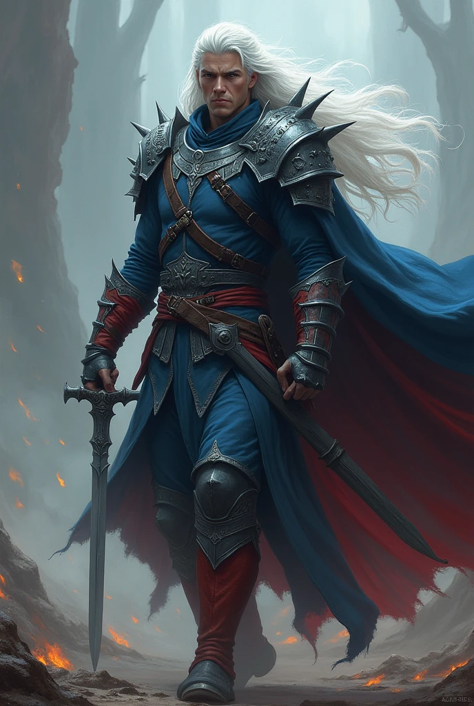 White long haired male warrior, with sword in hand, warrior's suit with dark blue tones without a cape, with thorns on the shoulders, and red boots, in a battle against mages