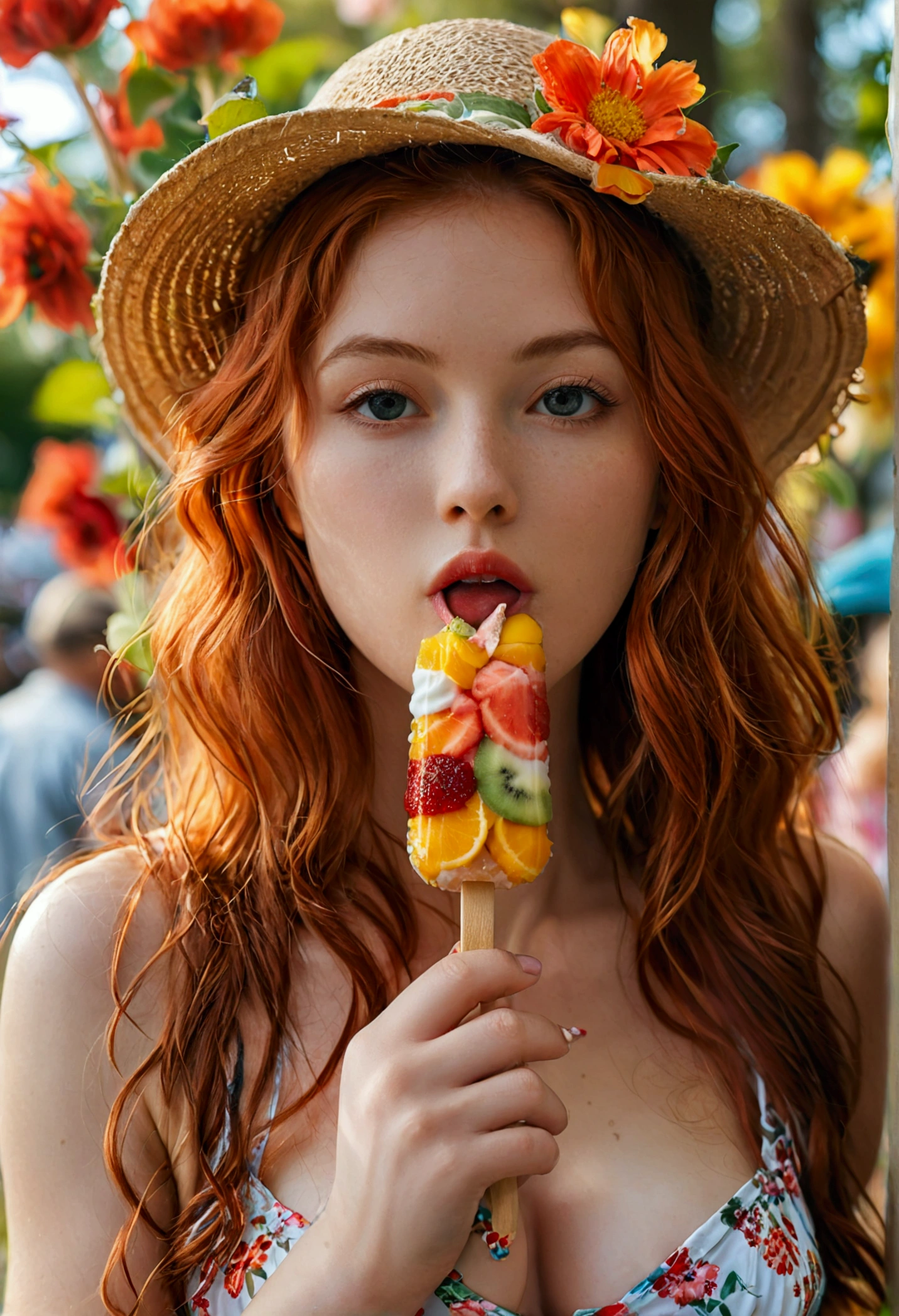 (full body shot:1) photorealistic image of a (standing pose:1) woman, ultrarealistic, photography, long red hair, woman, 24 years old, hourglass figure, perfect body, seductive look, natural medium breasts, blur background, foodtease, beautiful young woman sucking on a popsicle, sexually suggestive, looking at viewer, undressing, public indecency, floral sundress, medium breasts, sunny day in a crowded public park, pov, UHD 8k focus stacking