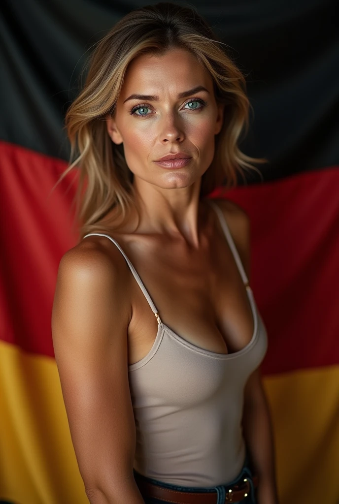Beautiful mature woman 45 years old, wrinkles on the face, detailed face and texture, From Germany, looks into the frame, sexy, languid face, bright blue eyes, sexual makeup, germany flag on background, belt, topless, super nude bra, strapless bra, belt