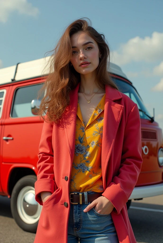 Avatar for YouTube channel in the style of Julia Minergríl, but it changes because the van is red and the clothes are colorful.