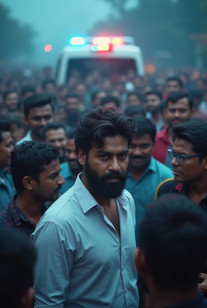 A person with dark hair and beard giving free ambulance to tamilnadu people's wearing white shirt background cinematic blue shade crowd surrounded celebrating that person
