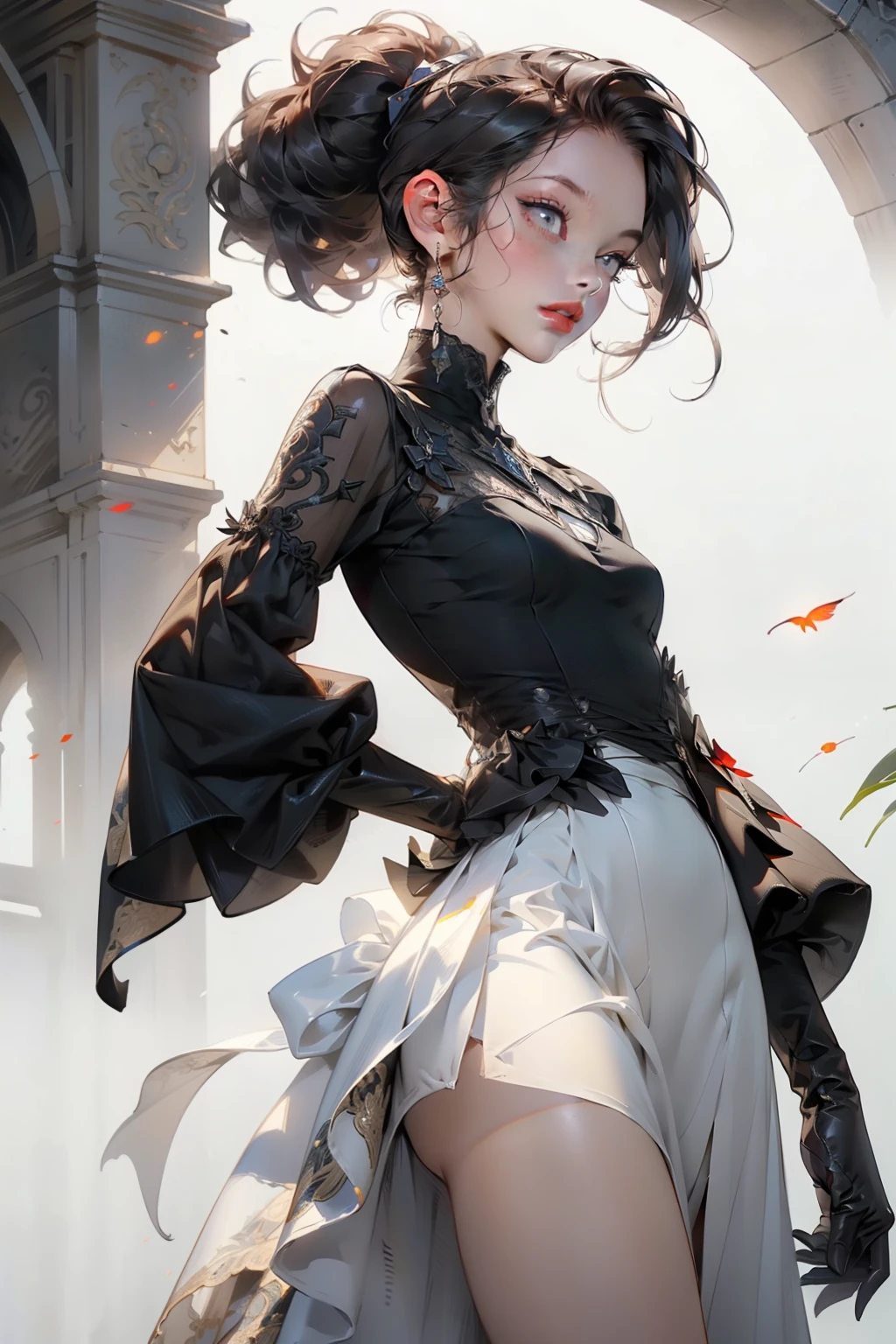(((masterpiece, of the highest quality, super detailed))), (digital art), (a witch belonging to an occult order of knights), (a knight crossed with a witch), Victorian era inspired, ((minimal but intricate beautiful armour)), (Fluttering lace flared dress with frilly petticoats), ((Bloodbourne inspired)), ((nier automata inspired)), (big forhead:1.2), (((dark hair, long ponytail, thick ponytail, heavy ponytail))), (((Very sharp focused eyes))), ((small breasts)), very long eyelashes, occult aesthetic, (red and white clothing detailed and intricate steampunk and detailed gothic), (with a hood), complex lace boots,