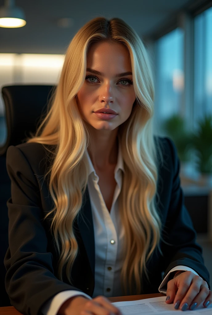will smith with long blonde hair, detailed eyes, nose, and lips, wearing  professional outfit, siting in her office, using her computer, hp comuter (best quality,4k,8k,highres,masterpiece:1.2),ultra-detailed,(realistic,photorealistic,photo-realistic:1.37),HDR,studio lighting,extremely detailed face and body, portrait,cinematic lighting,dramatic lighting,warm color tones,dramatic colors