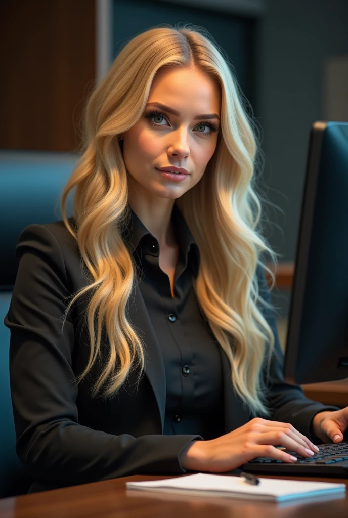will smith with long blonde hair, detailed eyes, nose, and lips, wearing professional outfit, siting in her office, using her computer, hp comuter (best quality,4k,8k,highres,masterpiece:1.2),ultra-detailed,(realistic,photorealistic,photo-realistic:1.37),HDR,studio lighting,extremely detailed face and body, portrait,cinematic lighting,dramatic lighting,warm color tones,dramatic colors