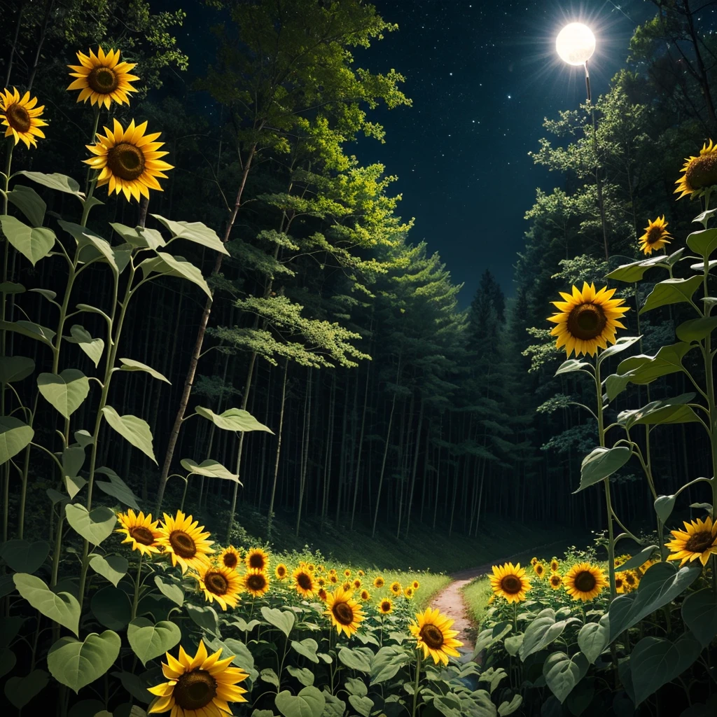 A shining sunflower in the middle of a silent night forest, the light of a flower, the beauty of fantasy