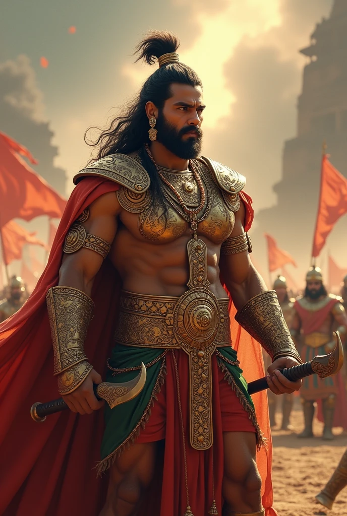 Generate an image of karna , a warrior in Mahabharata war that should describe Indian culture and he has kavacha kubdaraalu and curious and eager to kill Arjun (a great warrior)