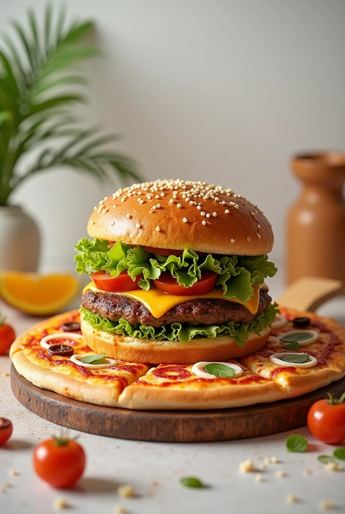 Photo of a burger and pizza with unique decorations