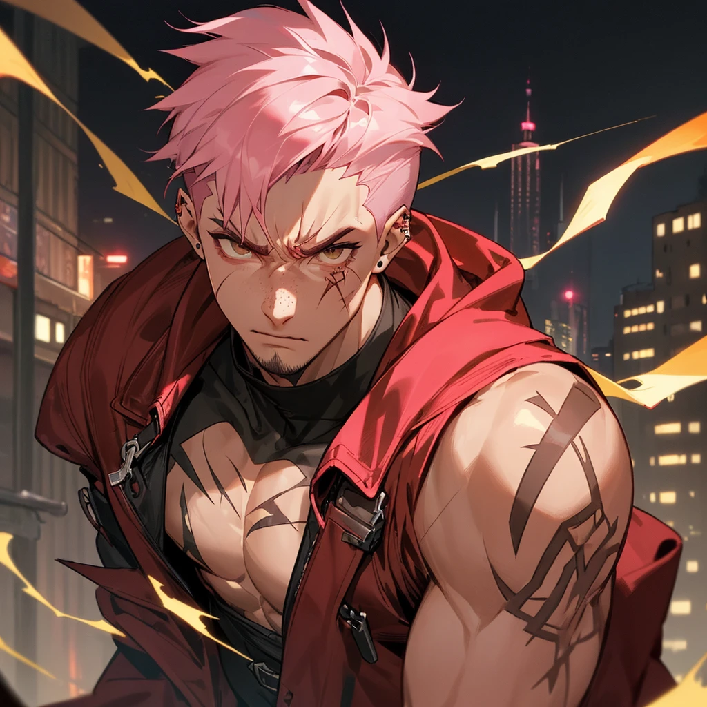 arcane style, (1 man), handsome, cropped hooded jacket, dark red jacket with black details, tattoo on arm, asymmetrical bangs, band-aid, short hair (shaved on one side), bangs freckles, light brown eyes, muscular man, looking at viewer, tattoo on neck, piercing in nose, pink hair, scar, scar on face, solo, tattoo on face, detailed background, city, alley, dark alley, night, angry, close-up, mouth closed, , ((masterpiece)), masculine face,
