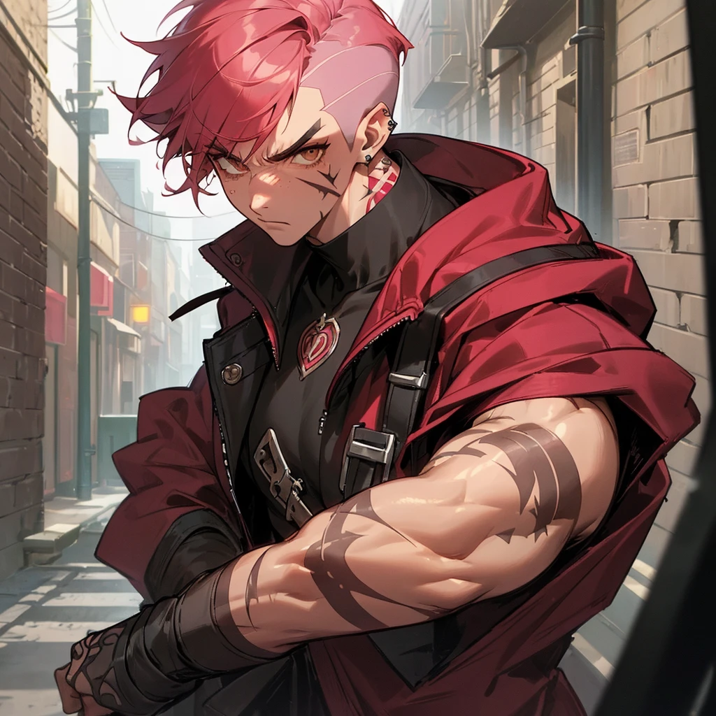 arcane style, (1 man), handsome, cropped hooded jacket, dark red jacket with black details, tattoo on arm, asymmetrical bangs, band-aid, short hair (shaved on one side), bangs freckles, light brown eyes, muscular man, looking at viewer, tattoo on neck, piercing in nose, pink hair, scar, scar on face, solo, tattoo on face, detailed background, city, alley, dark alley, night, angry, close-up, mouth closed, , ((masterpiece)), masculine face,