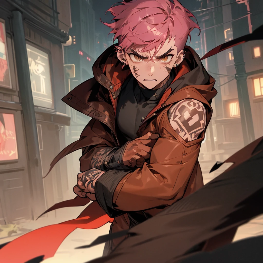 arcane style, (1 man), handsome, cropped hooded jacket, dark red jacket with black details, tattoo on arm, asymmetrical bangs, band-aid, short hair (shaved on one side), bangs freckles, light brown eyes, muscular man, looking at viewer, tattoo on neck, piercing in nose, pink hair, scar, scar on face, solo, tattoo on face, detailed background, city, alley, dark alley, night, angry, close-up, mouth closed, , ((masterpiece)), masculine face,