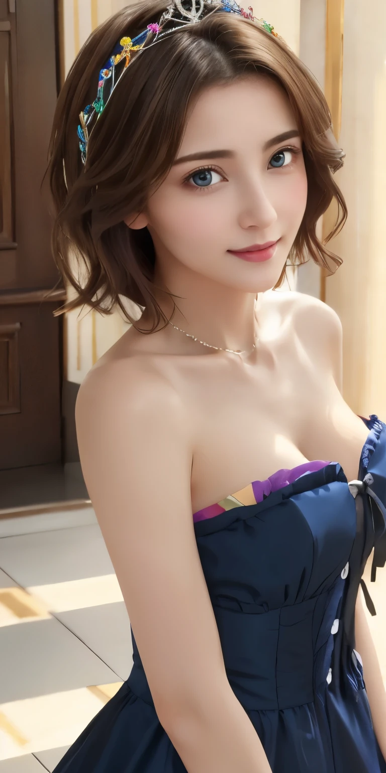 Browsing Caution、16K、Photorealistic、Highest quality、masterpiece、Ultra-high resolution、RAW Photos、Realistic、Bright lighting、Face Light、Smooth Professional Lighting、looking at the camera、alone、Adult female、Beautiful woman、Super beautiful woman、（Realistic肌、Moisturized Skin）、Realistic eyes and faces、（Perfect model body shape）、（Beautiful Eyes、Big eyes）、Inconspicuous tear bags、slim、Medium sized big breasts、Very good、My nipples are pushing up my shirt、Camel Toe、pubic hair、Very short hair、((Black Hair、black eye))、seems to be happy、Beautiful hip line、（Upper body, including the crown of the head）、(((Colorful Victorian dress)))、((Colorful princess dress))、Gorgeous dress、palace、palace、