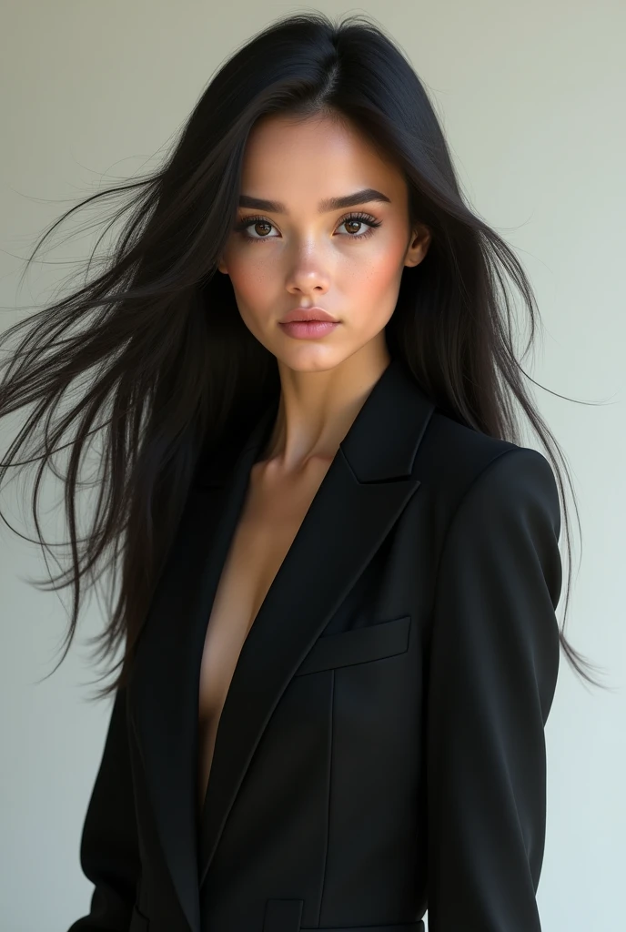 A girl wearing suit ,having black hair ,black eyes , realistic, insta model
