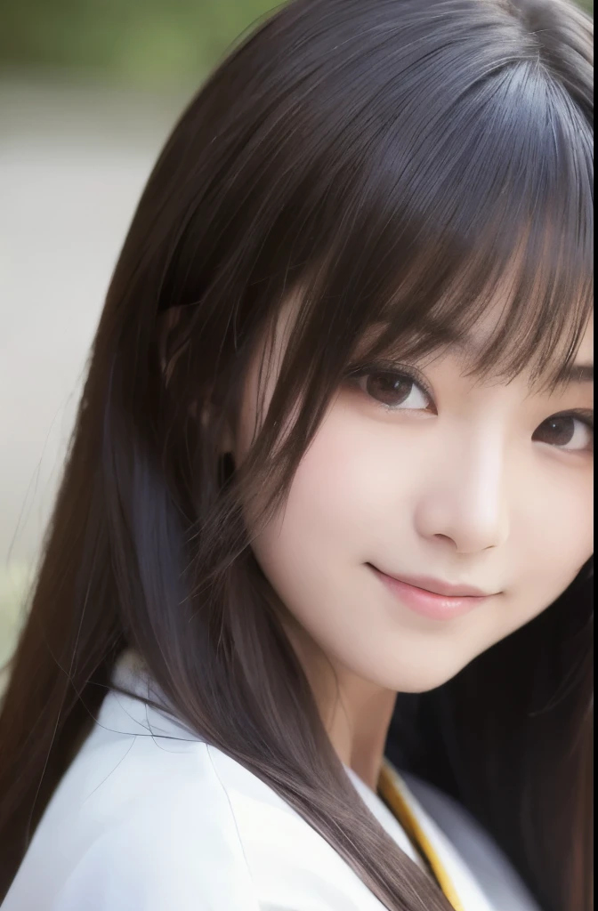 best quality, face focus, soft light, ultra high res, (photorealistic:1.4), RAW photo,(Shinozaki Ai), white skin, kawaii, 1 Japanese girl, solo, cute, (smile), (pupil, lights in the eyes),  detailed beautiful face, Medium-sized breasts,(high resolution detail of human skin texture),(long hair),(portrait), upper body, white traditional kimono