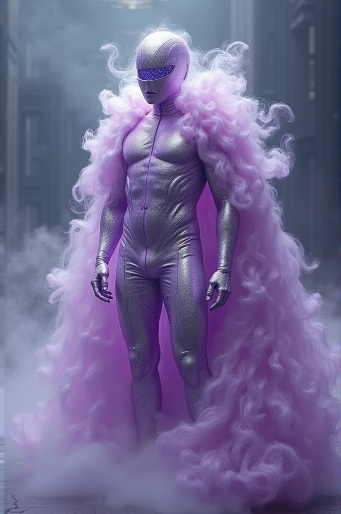 Create a supervillain who wears a costume that imitates potassium bromide in solution, With a purple and silver hue. He wears a shimmering outfit that appears to be made of vapors and mists, He also wears a mask that covers his face, which has a purple tint
