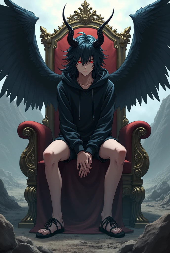 Black hoodie、Shorts、Sitting on a throne, sighing、Long Black Hair、Red eyes、Devilish horns sprouting from his forehead、Anime Style、、Too much exposure、Angle seen from an angle、Black crow-like wings growing from his back、A mountain of rubble in the background、woman、Big Breasts