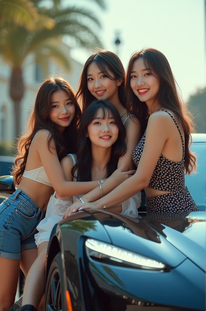 I'm taking photos for a new concept album. Create a dynamic girl group concept photo, happily posing for a photo next to a car