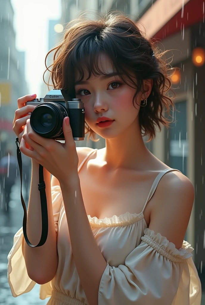 A girl holding a camera, mix4,(8k, RAW photo, best quality, masterpiece:1.2), (realistic, photo-realistic:1.37),1girl,cute,cityscape, morning, rain, wet, professional lighting, photon mapping, radiosity, Physically-based rendering, gradient brunette hair, short curly hair, handsome, girly, white ball set, superb picture quality, high resolution, 1080p, (clear face), (detailed face description), (detailed hand description), (masterpiece), (exquisite CG), extreme light and shadow, messy hair, masterpiece, rich detail, (exquisite facial features), (highest image quality), (masterpiece), (detailed eyes), look forward to your eyes, delicate collarbone, kebaya_bali Her undergarment was exposed so that her genitals were visible because she was not wearing underwear