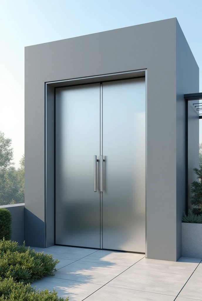 A large rooftop door connected to the inside of the building.
A modern door that is closed.