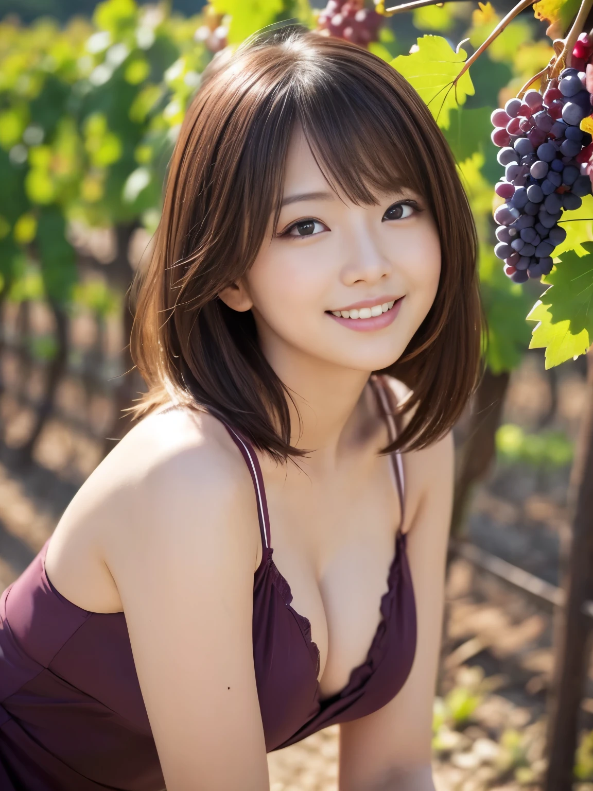 ((Vineyards,大きな形の良いKyoho grapes))、((Kyoho grapes,Holding grapes)),((smile)),(looking up),(crouching),((Highest quality)), Realistic, Very detailed, In detail, ((High resolution)), 8k,Japanese women,Beautiful woman,gravure,intellectual,Beautiful Skin,Beautiful Eyes,Detailed face,(Glamour),((short hair)),Brunette colored hair,20th Generation,Bust Size 87cm,Neat constriction,(Beautiful Eyes),(Adult),