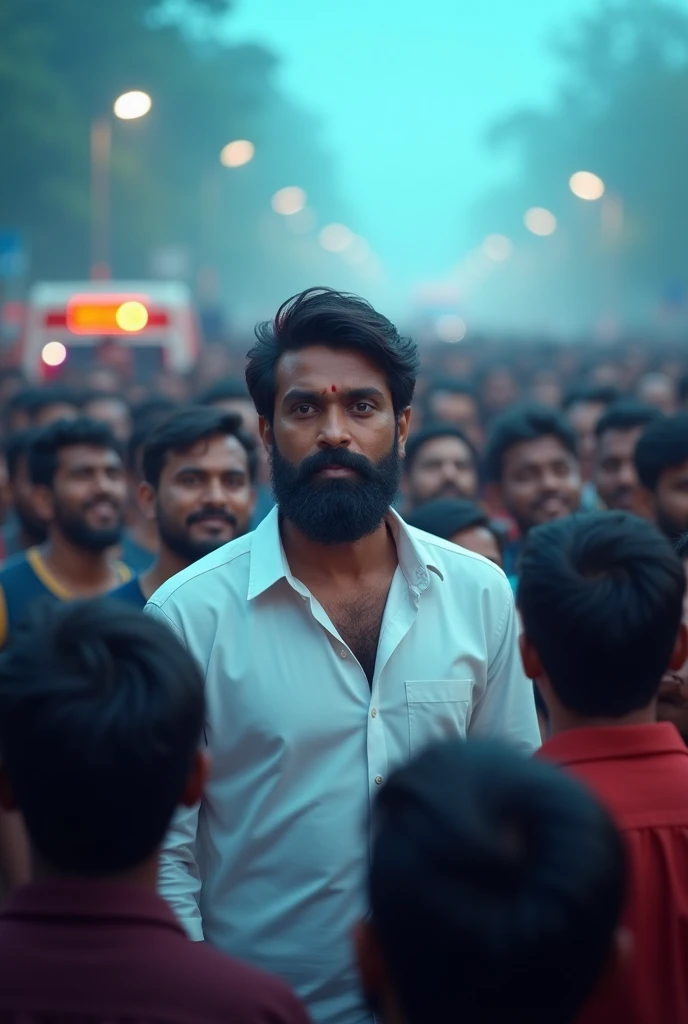 A person with dark hair and beard giving free ambulancenesto tamilnadu people's wearing white shirt background cinematic blue shade crowd surrounded celebrating that person
