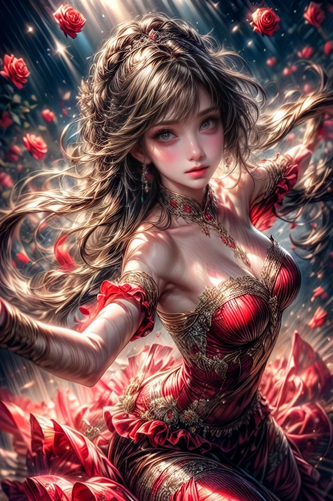 multiple exposure, fantasic illustration, masterpiece:1.2, highest quality, highres, 16k, beautiful detailed, ultra-realistic, photo realistic:1.37, beautiful and cute girl, dancing flamenco, holding a single rose in her mouth, growing glay eyes, shining pupils, blushed cheek, shiny rosy lips, beautiful delicate(hair, face, eyes, pupils, flamenco dress), full-body view