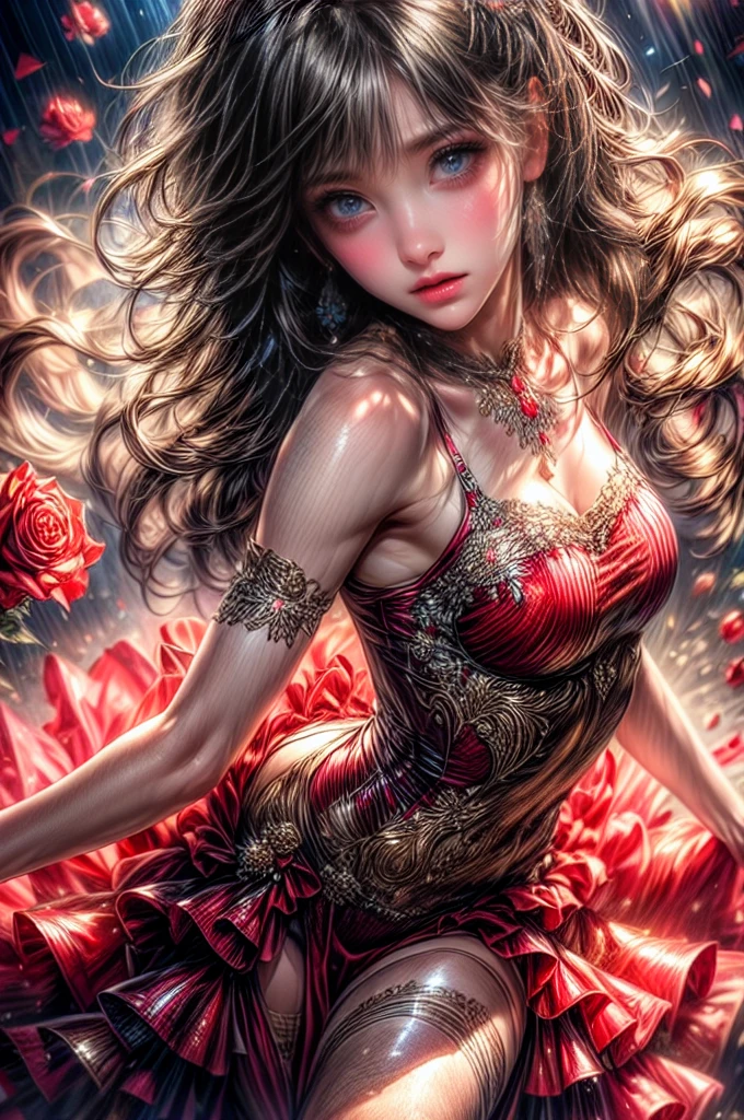 multiple exposure, fantasic illustration, masterpiece:1.2, highest quality, highres, 16k, beautiful detailed, ultra-realistic, photo realistic:1.37, beautiful and cute girl, dancing flamenco, holding a single rose in her mouth, growing glay eyes, shining pupils, blushed cheek, shiny rosy lips, beautiful delicate(hair, face, eyes, pupils, flamenco dress), full-body view