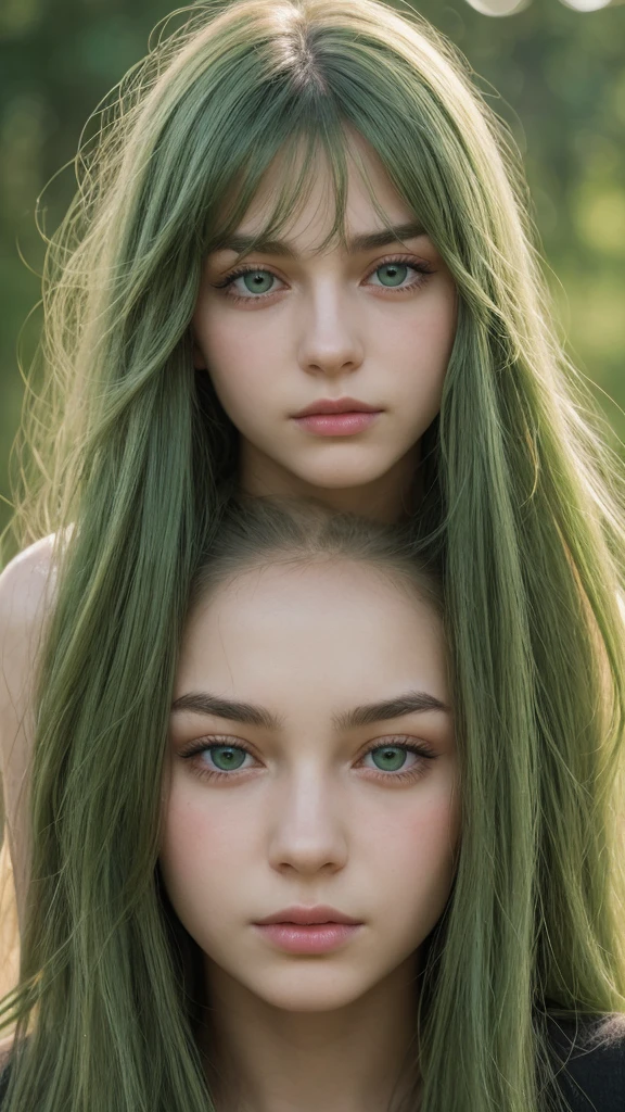 facial portrait. a girl. european. extremely detailed face. oval face. delicate features. deep sadness. half-closed eyes. green eyes. long, straight, very thick hair. green hair. dull expression. frontal. outdoors