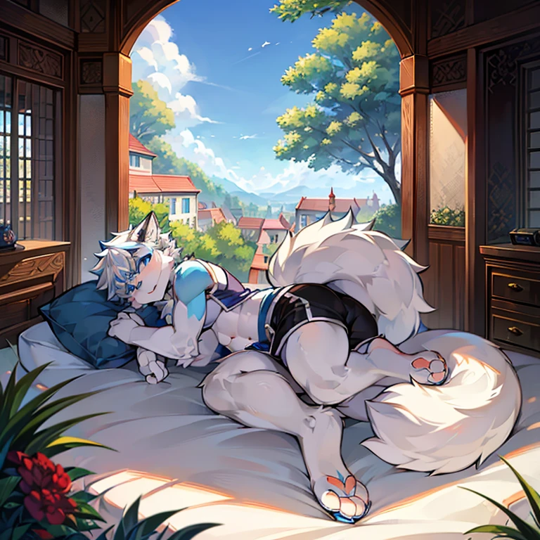 single, furryboy, (High qualiy), 4K, 19 years old, white furr, blue eyes, nice body, thick white hair, two legs, two arms, two hands, bushy rear tail (masterpiece), sleeveless clothes shorts, shorts, open villa setting, beautiful outside view, he was lying on his stomach on his favorite bed.