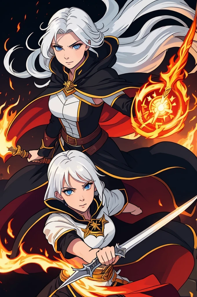 Woman, Fighting with a flaming rapier, burning rapier, medium white hair, pale skin, cape, black cape, epic pose, epic background