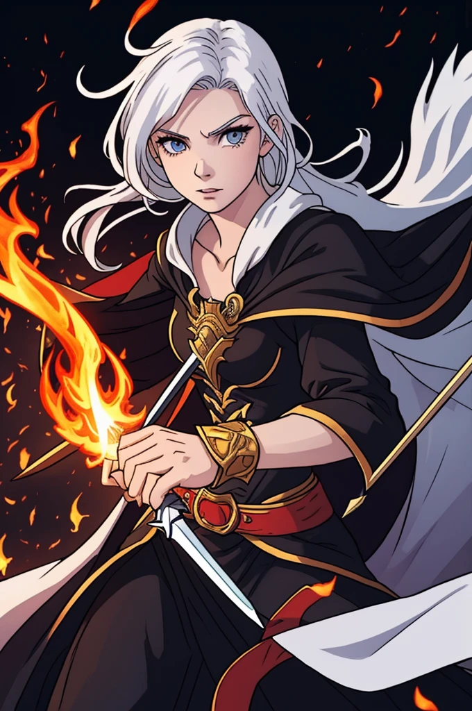Woman, Fighting with a flaming rapier, burning rapier, medium white hair, pale skin, cape, black cape, epic pose, epic background