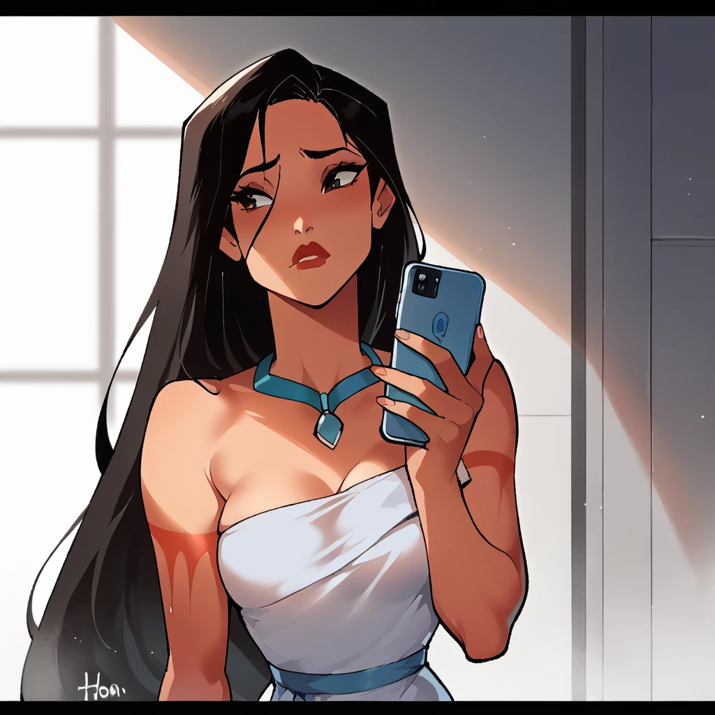 score_9_presence, score_8_up, Pocahontas, wrapped in towel, medium breasts, holding phone
