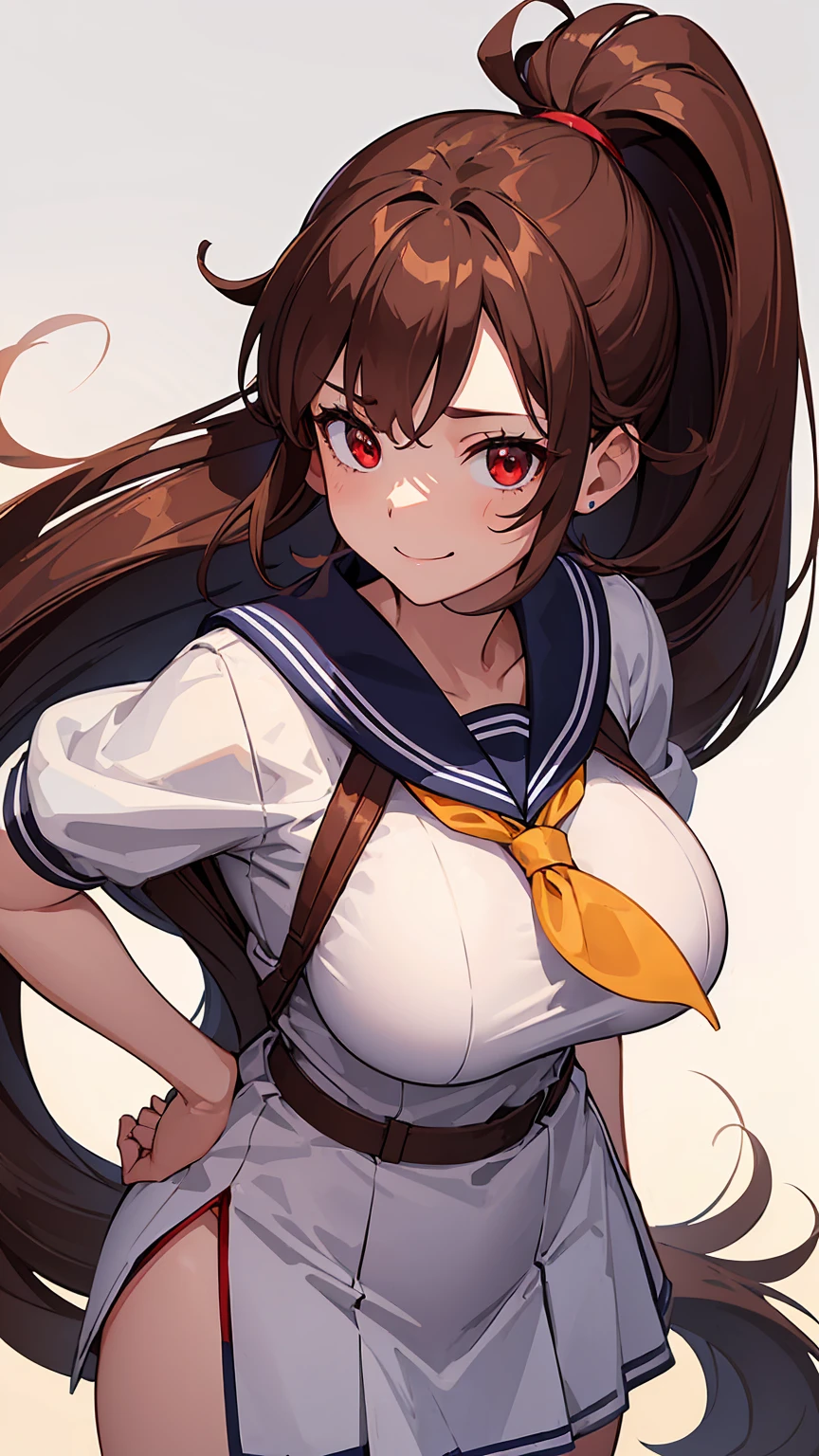 1girl, hands on own hips,huge tits,sailor uniform,brown hair,long high pony tail,red eyes, bullish smile,((front view)),morning,best quality, high quality, masterpiece, ultra detailed 