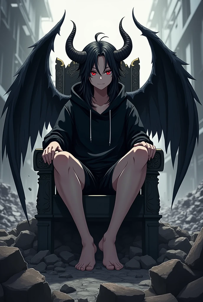 Black hoodie、Shorts、Sitting on a throne, sighing、Long Black Hair、Red eyes、Devilish horns sprouting from his forehead、Anime Style、15 years old、Too much exposure、Black crow-like wings growing from his back、A mountain of rubble in the background、Big Breasts、female