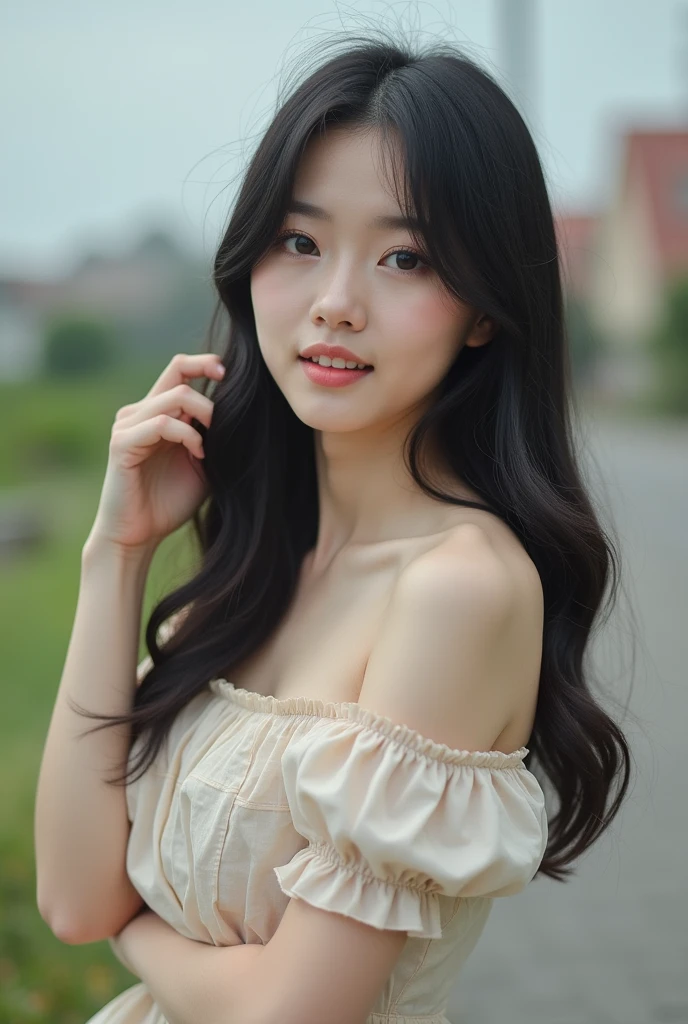 Real Korean girl wearing a short dress and her hair is black and long