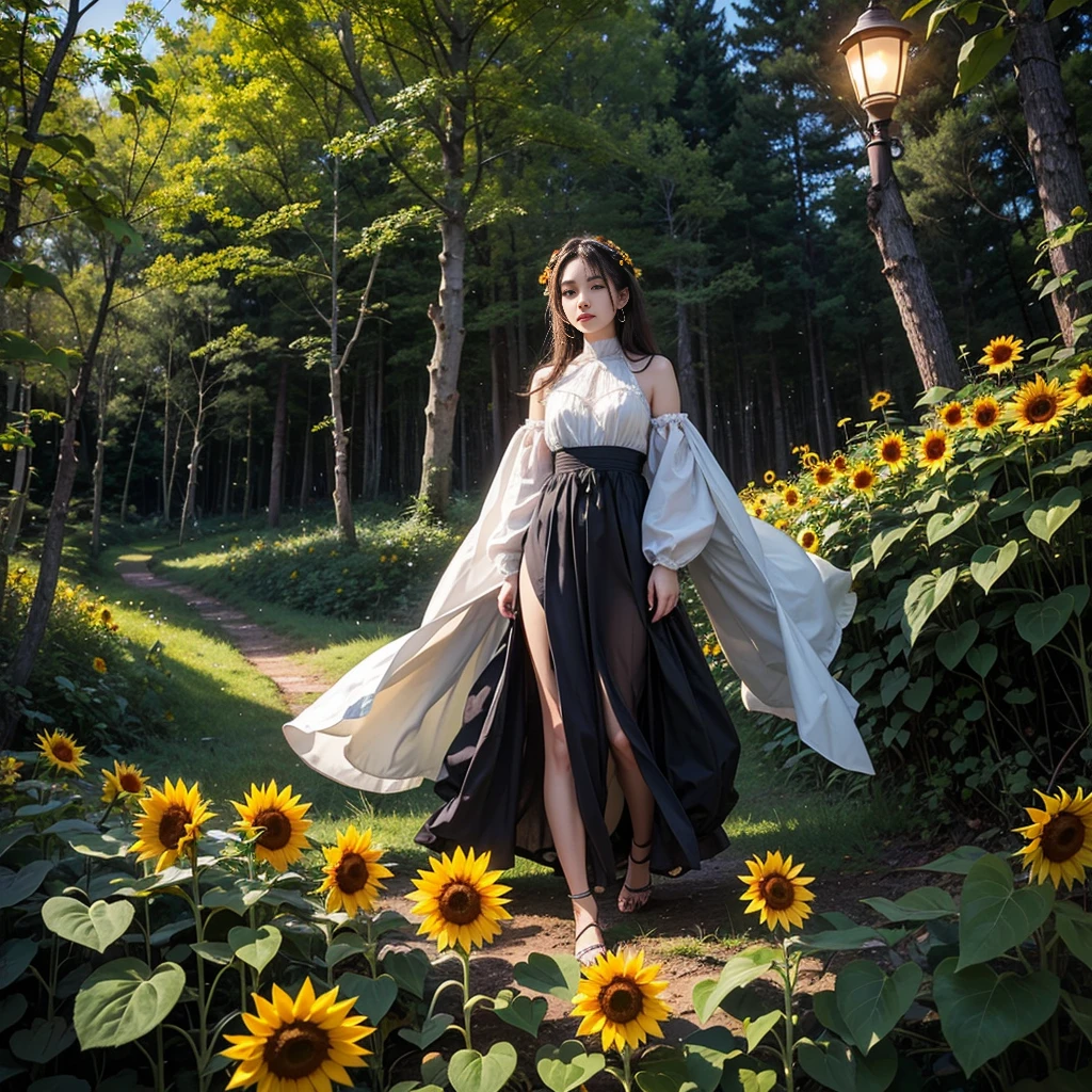 A one shining sunflower in the middle of a silent night forest, the light of a flower, the beauty of fantasy