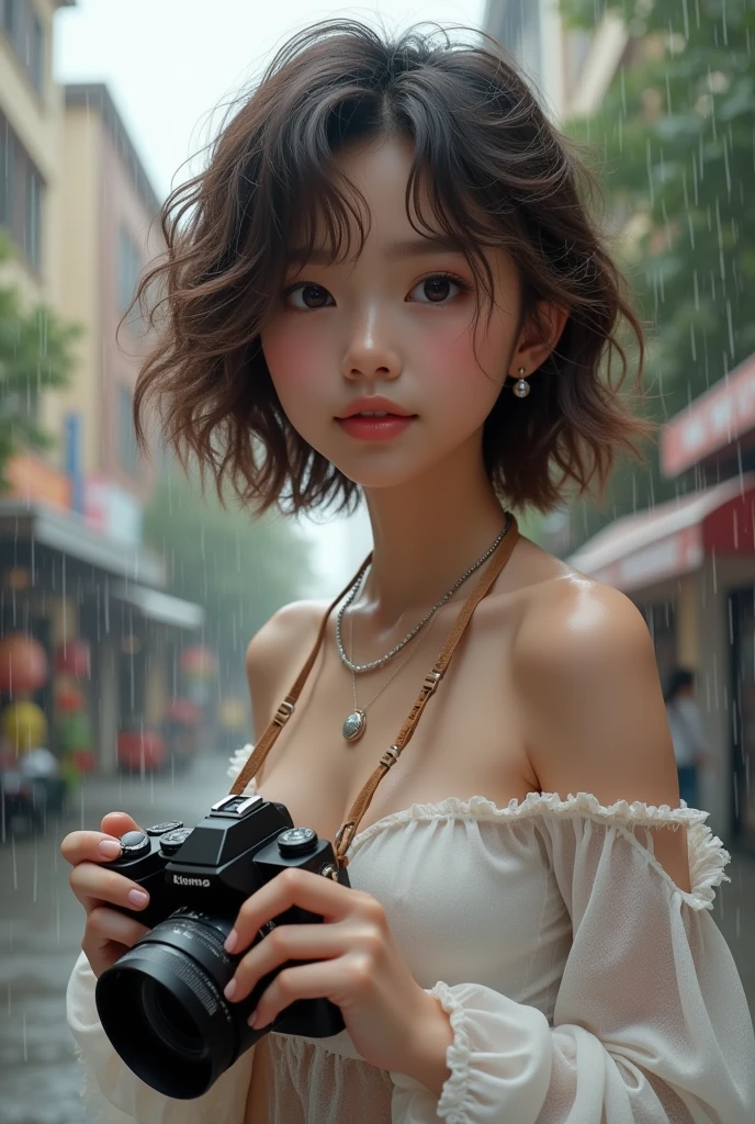 A girl holding a camera, mix4,(8k, RAW photo, best quality, masterpiece:1.2), (realistic, photo-realistic:1.37),1girl,cute,cityscape, morning, rain, wet, professional lighting, photon mapping, radiosity, Physically-based rendering, gradient brunette hair, short curly hair, handsome, girly, white ball set, superb picture quality, high resolution, 1080p, (clear face), (detailed face description), (detailed hand description), (masterpiece), (exquisite CG), extreme light and shadow, messy hair, masterpiece, rich detail, (exquisite facial features), (highest image quality), (masterpiece), (detailed eyes), look forward to your eyes, delicate collarbone, kebaya_bali Her undergarment was exposed so that her genitals were visible because she was not wearing underwear