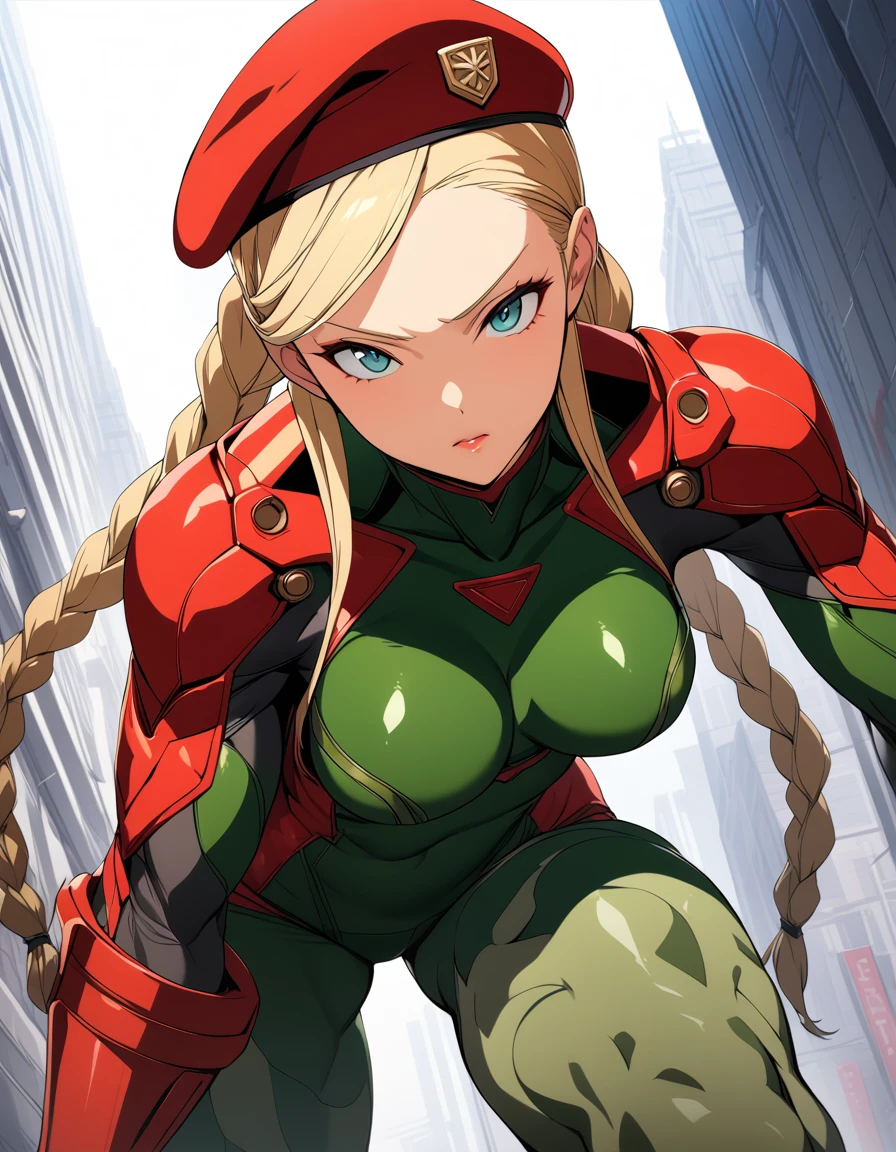 Digital illustration of a female character Cammy White with a muscular build, wearing a green, form-fitting bodysuit. She has long blonde hair styled in two braids, a red beret, and red gloves. Her facial expression is serious, with blue eyes and a determined look. The character's skin is fair, and she has green camouflage paint on her legs. The illustration is highly detailed, anime, anatomically correct, super detail, high quality, 4K, sexy lips
