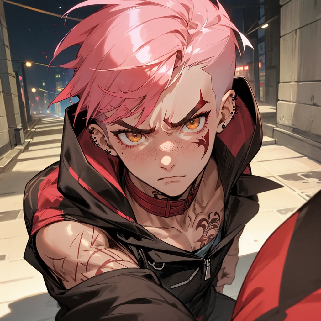 arcane style, (1 man), handsome, cropped hooded jacket, dark red jacket with black details, tattoo on arm, asymmetrical bangs, band-aid, short hair (shaved on one side), bangs freckles, light brown eyes, muscular man, looking at viewer, tattoo on neck, piercing in nose, pink hair, scar, scar on face, solo, tattoo on face, detailed background, city, alley, dark alley, night, angry, close-up, mouth closed, , ((masterpiece)), masculine face,