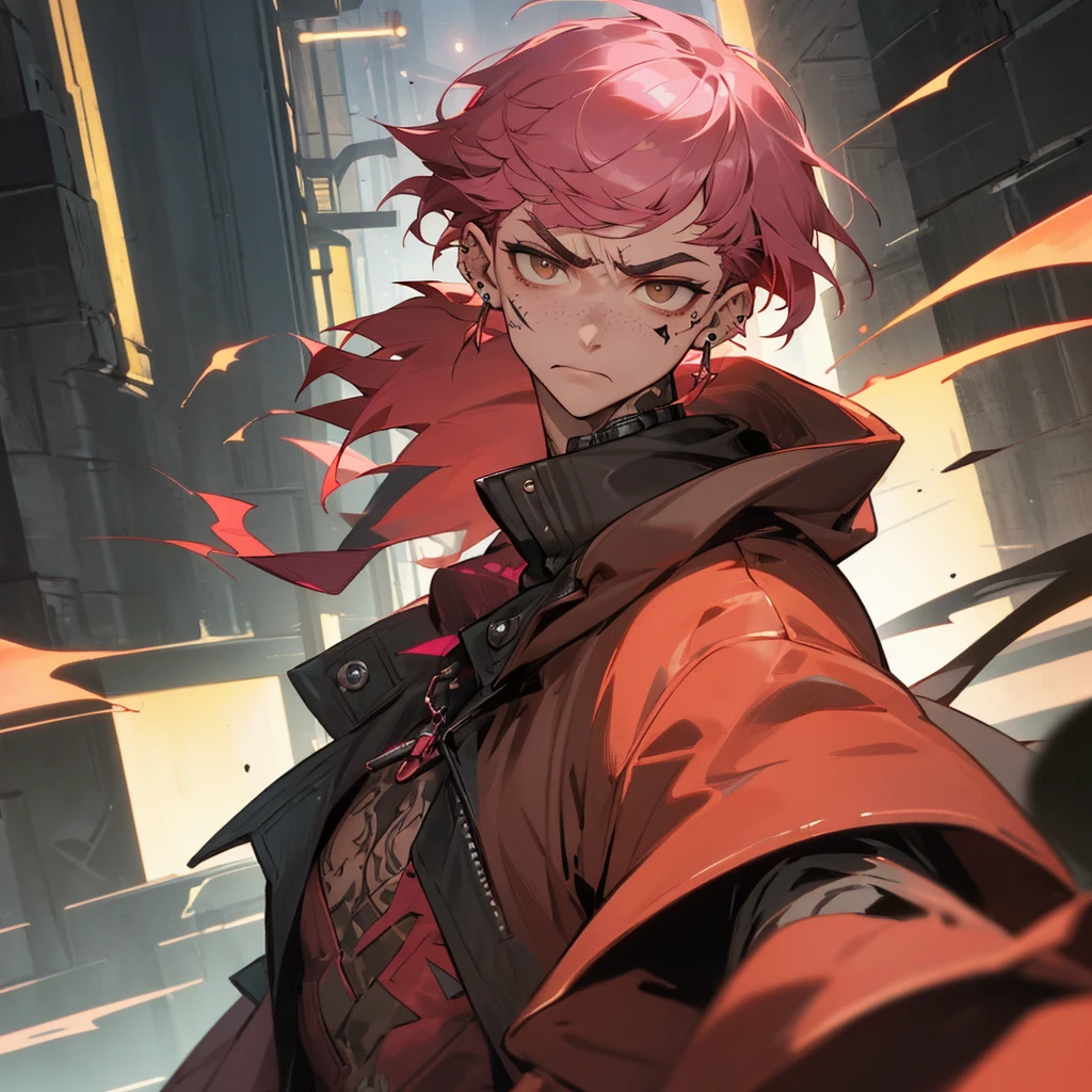 arcane style, (1 man), handsome, cropped hooded jacket, dark red jacket with black details, tattoo on arm, asymmetrical bangs, band-aid, short hair (shaved on one side), bangs freckles, light brown eyes, muscular man, looking at viewer, tattoo on neck, piercing in nose, pink hair, scar, scar on face, solo, tattoo on face, detailed background, city, alley, dark alley, night, angry, close-up, mouth closed, , ((masterpiece)), masculine face,