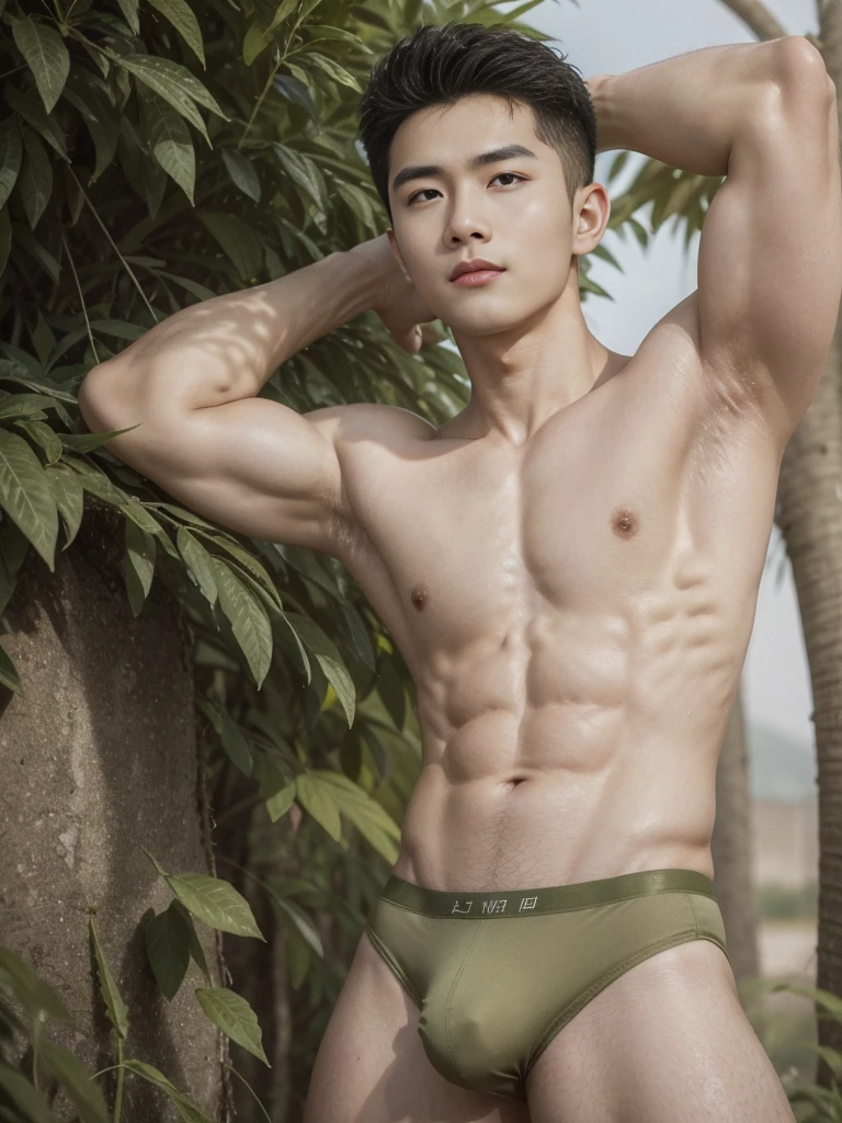 arafed handsome vietnamese male model, young boy, serious, confident, pale white skin, shaved armpit, lifted arms, soft smile, detailed skin, pores, wearing nothing but sexy olive green thong, muscular!!!, outdoors, military training grounds, dim lightings